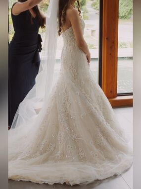 Ivory Floral Beaded Strapless A-Line Wedding Dress